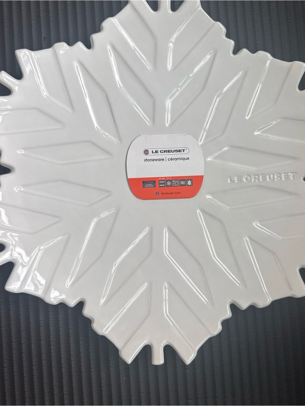 Le Creuset White Snowflake Stoneware Platter with Red Accent Label